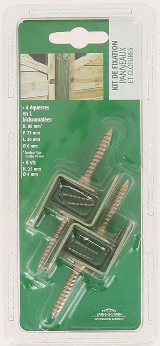 Équerre de fixation acier galvanisé pour panneau de clôture bois 4 pcs sous blister