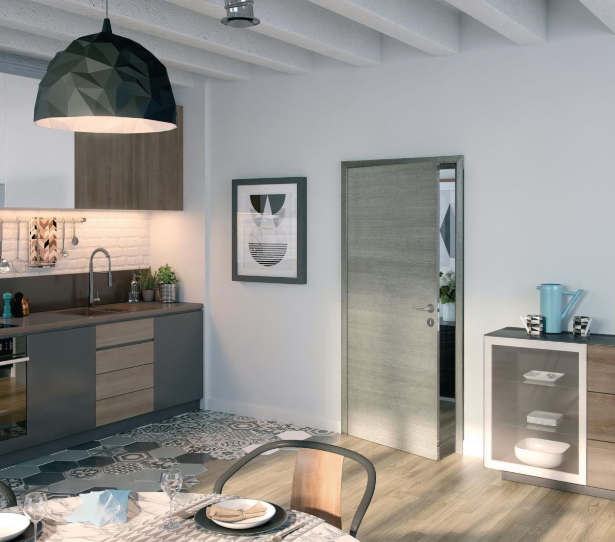 Bloc Porte Pour Cloison De 98 Mm MENUISERIES D'OLT - Bloc-porte alvéolaire FUJI GRIS GALET structuré  204x73cm droite - Huisserie fin de chantier KM1 (72 à 98mm) rive droite -  charnières invibles - serrure magnétique - joint posé | Dispano